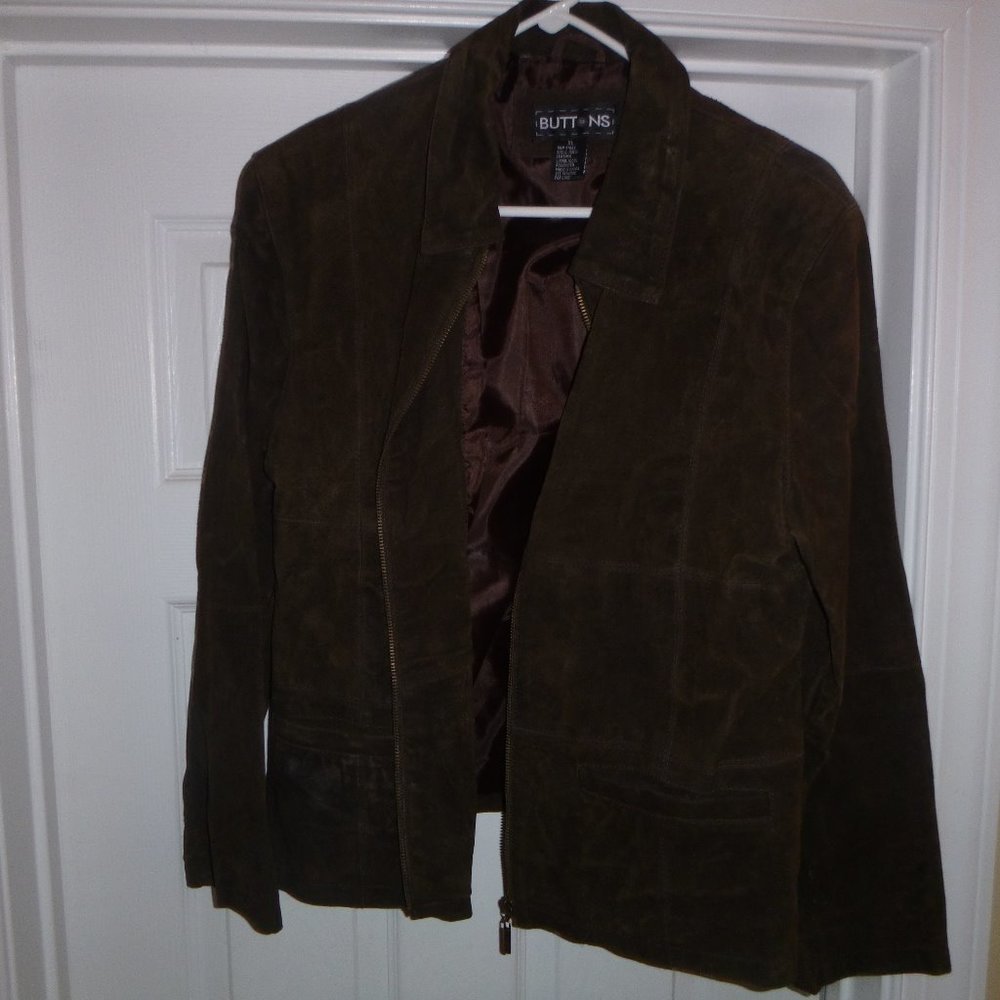Buttons Women's Brown Leather Suede Jacket Sz XL